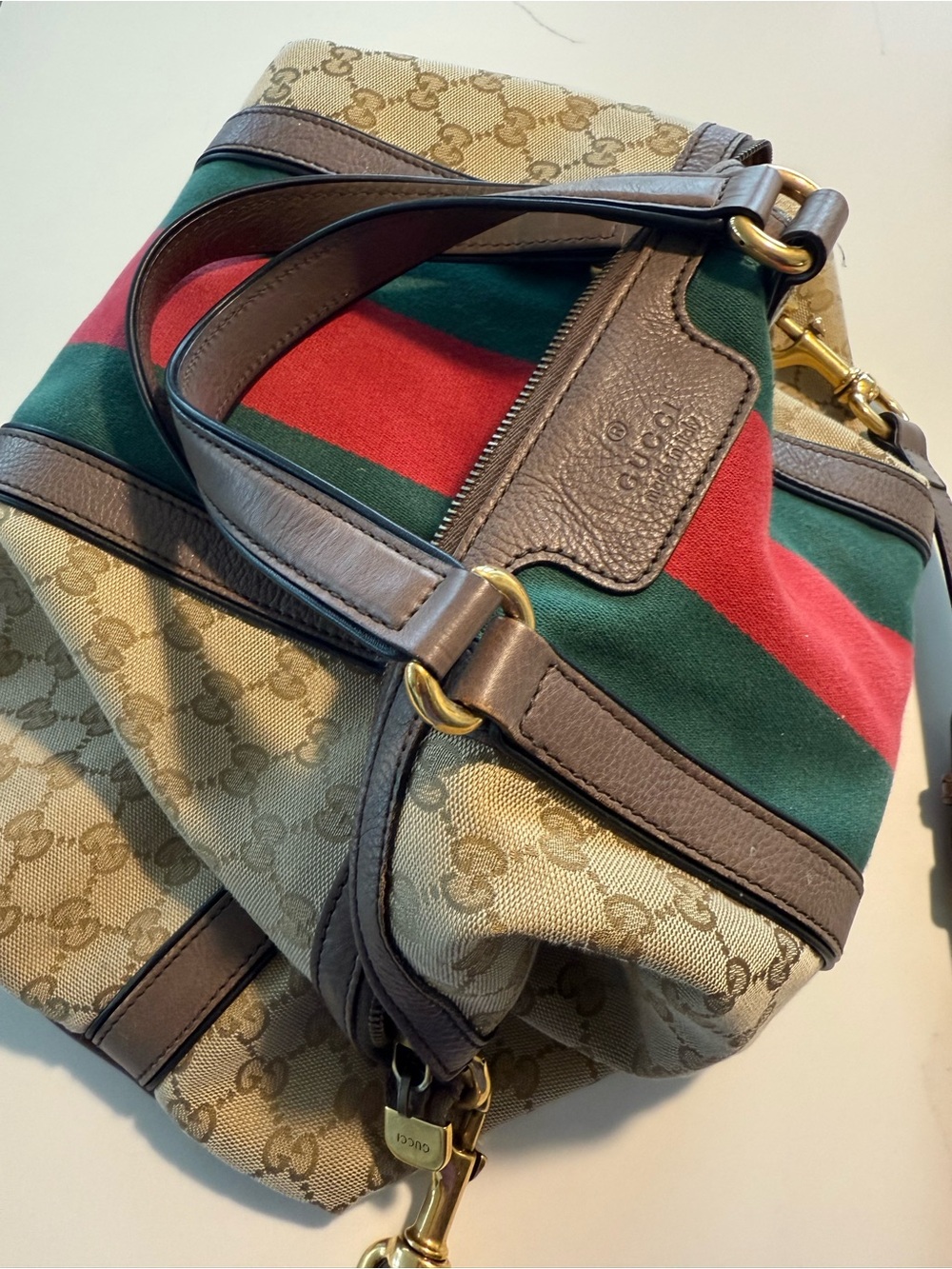 Gucci Beige GG Canvas Tote with Green and Red Center Stripe - Picture 11 of 12